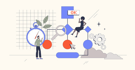 Critical path method as project management tool retro tiny person concept. Extended sequence of tasks for business activities vector illustration. Planning logical path for problem solutions.