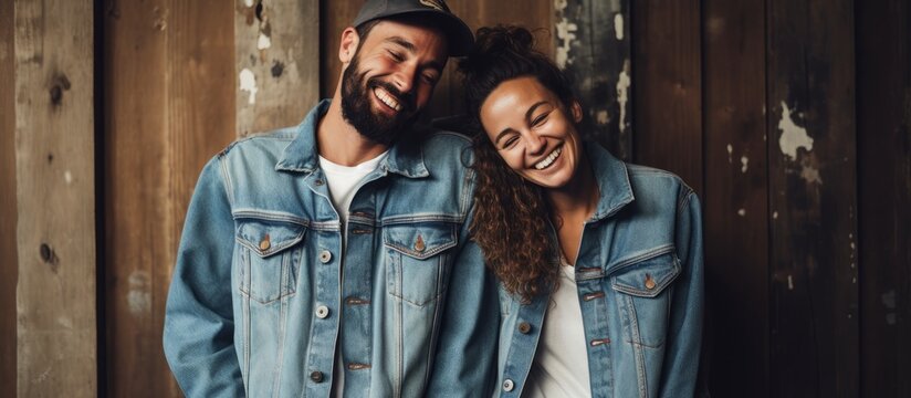 Joyful young individuals in denim jackets posing against a wooden backdrop Indoor image of cheerful Caucasian woman enjoying a weekend with her partner