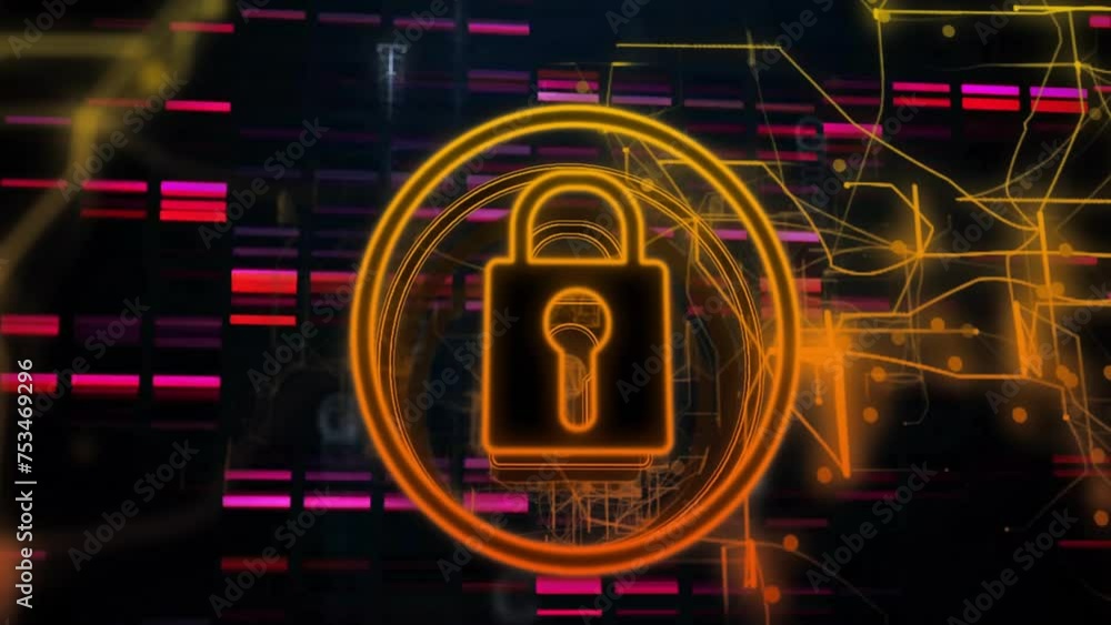 Poster Animation of padlock icon with data processing over dark background