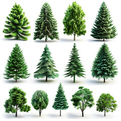 a collection of pine tree on white background