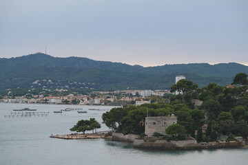 Panoramic scenic coastal landscape view of Toulon, France city skyline romantic Saint Mandrier sur...