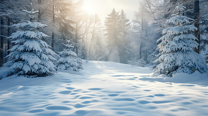 Winter season Frozen Forest landscape Snowy Trees in Morning Fog background banner copy space area