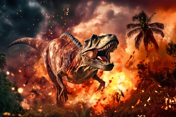 Tyrannosaurus T-rex ,dinosaur on smoke and fire background. Dinosaur in the ancient jungle. Primordial monster.