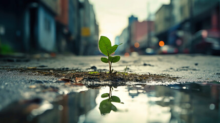 A small plant emerges from a puddle of water, showcasing natures resilience and growth in an urban environment - obrazy, fototapety, plakaty