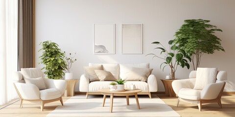 Scandinavian home with stylish living room, white armchairs, sofa, coffee table, art, plants.