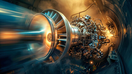 Detailed view of a modern jet engine installed in an airplane, showcasing advanced technology and intricate design - obrazy, fototapety, plakaty