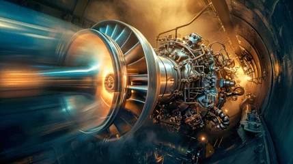 Foto op Plexiglas Detailed view of a modern jet engine installed in an airplane, showcasing advanced technology and intricate design © Anoo