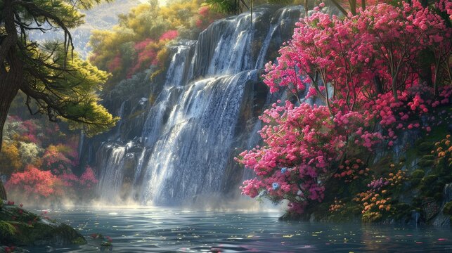 Fantasy waterfall with beautiful trees and flowers Magnificent landscape, nature background