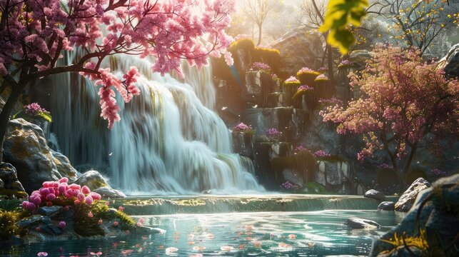Fantasy waterfall with beautiful trees and flowers Magnificent landscape, nature background