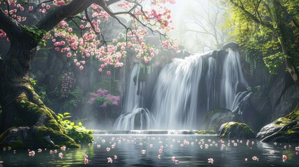 Fantasy waterfall with beautiful trees and flowers Magnificent landscape, nature background - obrazy, fototapety, plakaty
