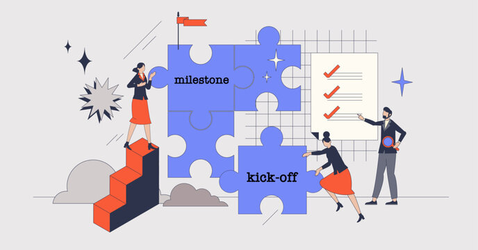 Project planning with effective workflow management retro tiny person concept. Check task progress with milestones and kick off stages for productive business team work vector illustration.
