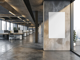 An empty office interior with a blank poster on the concrete wall, and a room filled with desks and chairs. Ai generative illustration