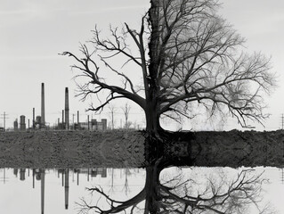 A black and white illustration of a barren tree with industrial chimneys in the background, reflecting in water. Ai generative illustration