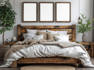 A cozy bedroom interior with three blank frames above the bed providing space for art display. Ai generative illustration