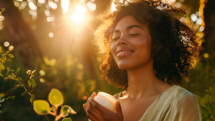 The model is closing her eyes and smiling peacefully while holding a skincare jar in the golden hour