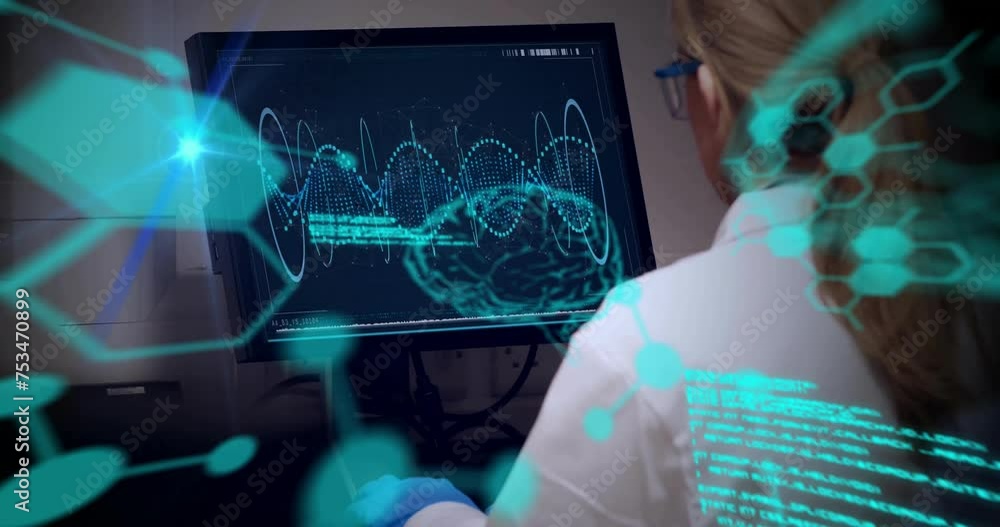 Aufkleber animation of light and medical data processing over caucasian female scientist working at computer