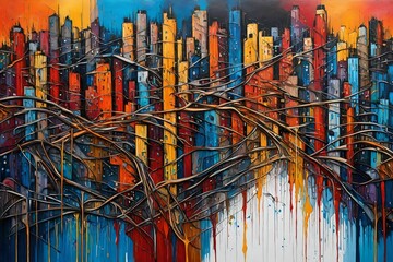 An abstract painting of a cityscape with vibrant paint drips depicting the energy and movement of...