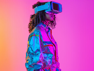 A girl wears vr glasses against a neon pink and blue backdrop. Ai generative illustration - obrazy, fototapety, plakaty