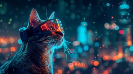 Cat with VR headset immersed in holographic cityscape. Virtual reality immersion concept - obrazy, fototapety, plakaty