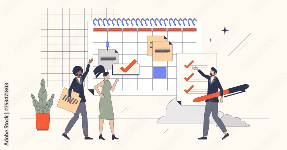 Poster project planning and business tasks organization retro tiny person concept. company work flow admini