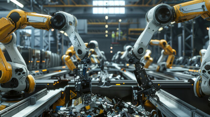 Fototapeta premium Robotics technology in action, sorting electronic waste on conveyors for recycling and repurposing