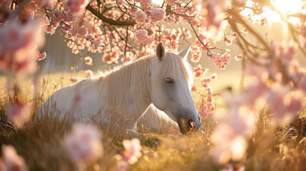 Obraz na płótnie Canvas Soft pink blossoms frame a resting white horse, bathed in tranquil sunlight for a peaceful ambiance