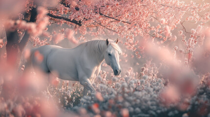 Obraz na płótnie Canvas White horse strolls through a sakura garden, peak cherry blossoms framing the tranquil scene