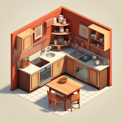 Isometric modern kitchen room. Small kitchen. Bar counter with chairs modern furniture stove oven.