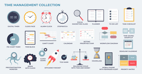 Time management and effective work tasks planning in tiny collection set. Labeled elements with timer, schedule charts and workflow tools vector illustration. Business efficiency and productivity.