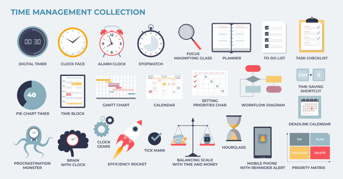 Time management and effective work tasks planning in tiny collection set. Labeled elements with timer, schedule charts and workflow tools vector illustration. Business efficiency and productivity.