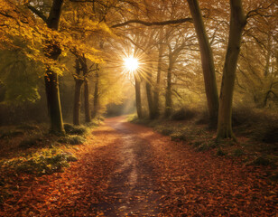 Mystical Autumn Forest with Sunburst