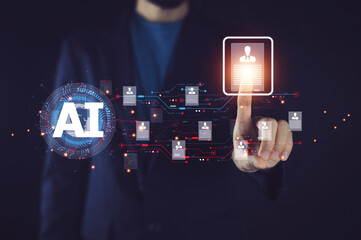 AI Technology Human Resources HR management Concept. HR manager touching on AI visual screen to...