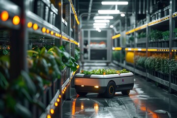 An advanced autonomous robot is pictured monitoring lush green plants in a futuristic vertical indoor farm.
generative ai - obrazy, fototapety, plakaty