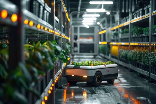 An advanced autonomous robot is pictured monitoring lush green plants in a futuristic vertical indoor farm.
generative ai