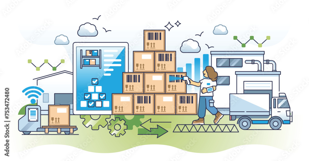 Poster inventory management in supply chain for effective logistic outline concept. warehouse distribution 