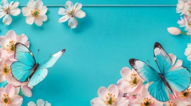 Top View Frame of Nature's Beauty in Turquoise Hue ,background with butterflies and flowers