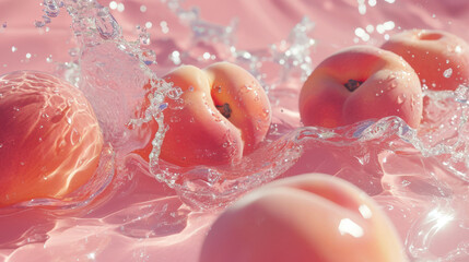 Juicy peaches float in clear water creating splashes.