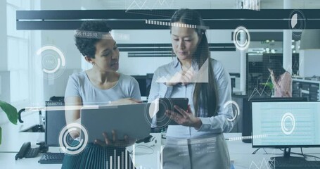 Animation of financial data processing over diverse business people in office - Powered by Adobe