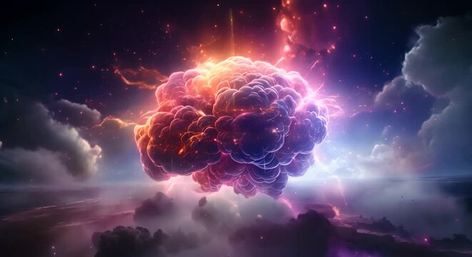 Zoom into a cosmic brain-like explosion, stars and clouds swirling in vibrant hues.