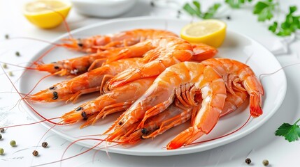 A plate of shrimp on the table. Seafood for cafes and restaurants