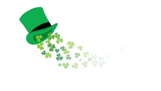 Animated floating clovers from flying irish hat. Irish symbol of luck celebration. Concept of St. Patrick's Day background