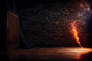 Dark basement room, empty old brick wall, sparks of fire and light on the walls and wooden floor. Dark background with smoke and bright highlights. neon lamps on the wall, night view.