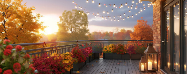 A cozy terrace is adorned with delicate street garlands, creating a charming and inviting ambiance.