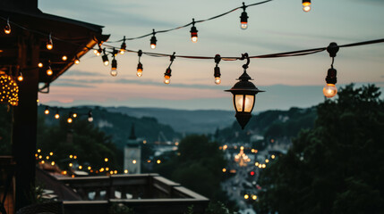A cozy balcony, adorned with charming street garlands, sets the scene for an autumn evening on the roof terrace of a beautiful house.