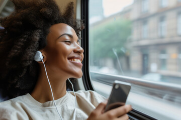 A woman on a train listens to music through headphones, holding her phone in her hands. Lost in her own world of rhythm and melody, she finds solace amidst the bustling commute.