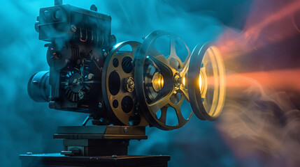 film projector on a wooden background with dramatic lighting and selective focus.