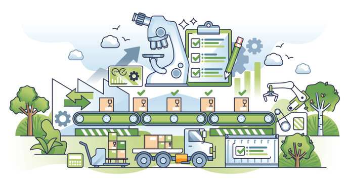 Quality control and standards for manufacturing supply chain outline concept. Process management with effective automation and using IOT innovations for performance optimization vector illustration.