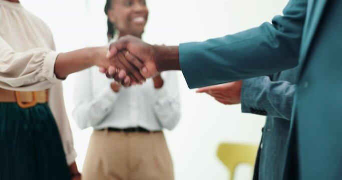 Business people, shaking hands and applause for agreement on deal, happy and success in corporate negotiation. Accounting team, b2b and sale of company assets and investment on merger or acquisition