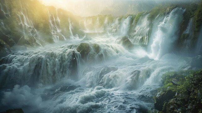 A strong, tumbling waterfall that gives the untamed terrain a mysterious touch by illuminating the mist the water creates in the sunlight. 8k