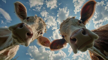 Bottom view of cows standing in a circle against the sky. An unusual look at animals. Animal looking at camera - obrazy, fototapety, plakaty